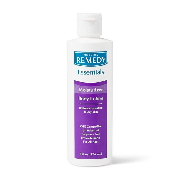 Medline Remedy Essentials Loción corporal hidratante sin perfume, botella con tapa abatible de 8 oz