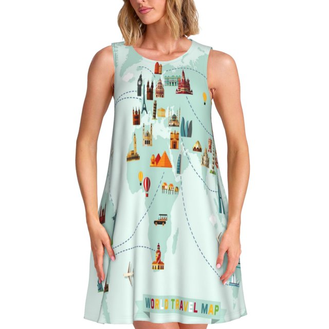 Easygdp World Travel Map para Vestido Transpirable de Mujer, Vestido Suelto de Manga Corta con Pliegues y Bolsillos para el Verano