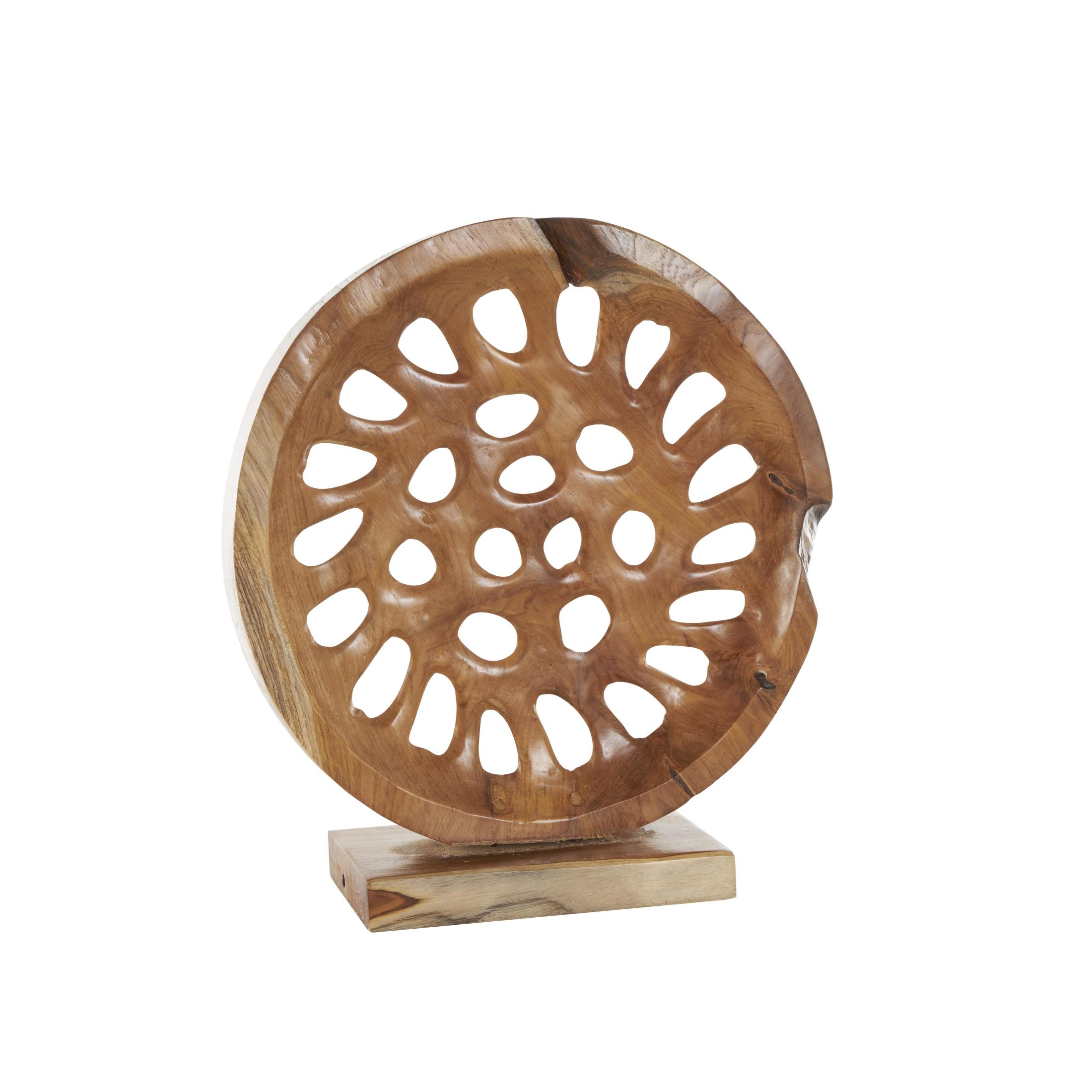 20" x 21" Brown Teak Wood Handmade Circular Cutout Abstract Sculpture, by DecMode