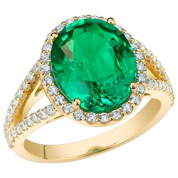 PEORA 5.15 Carats Created Colombian Emerald Lab Grown Diamond Ring in 14K Yellow Gold, Oval Shape, Size 9.5