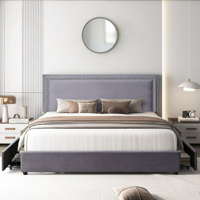 VECELO Queen Size Bed Frame with 4 Large Storage Drawers, Modern Tufted Upholstered Platform Bed with Adjustable Headboard, No Box Spring Needed, Dark Gray