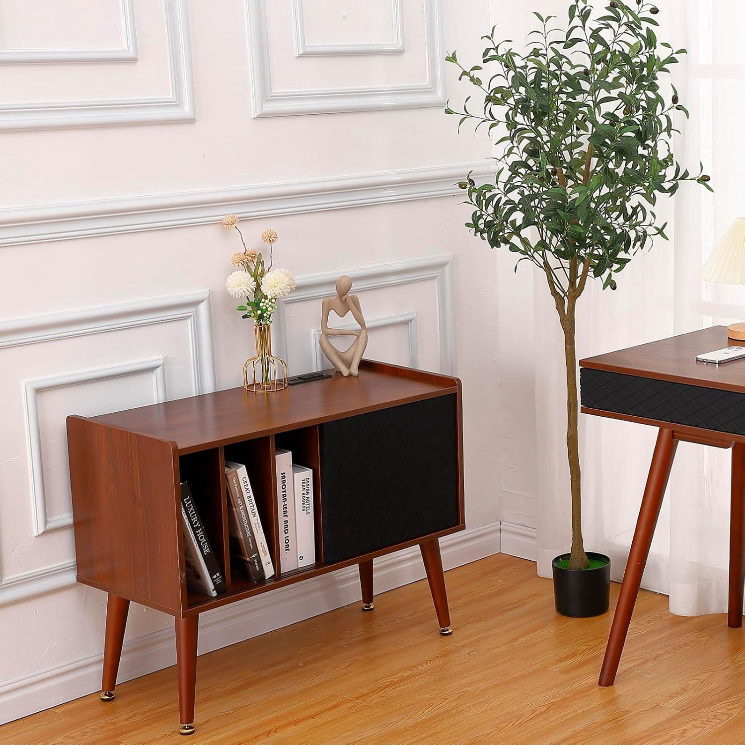Essential Picks Elegant Record Player Stand with Vinyl Storage – Holds Up to 300 Albums, Built-In Charging Station, and Sliding Door Cabinet for Living Room & End Table Use