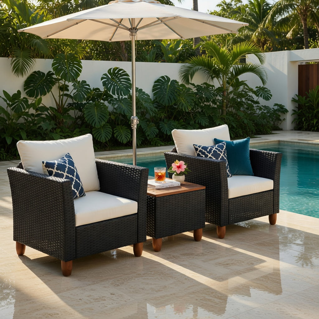 Hommoo 3-Piece Outdoor Rattan Patio Furniture Set with Acacia Wood Coffee Table, White