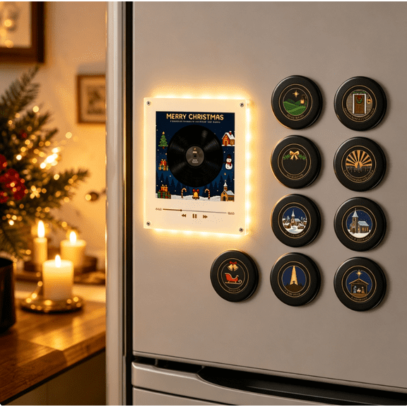 Christmas Fridge Magnet Music Player Set with 9 Vinyl Style Discs, Mini vinyl record player-inspired magnetic music box with 9 NFC discs and phone-free playback for Christmas decor and gifting