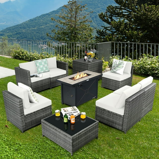 Gymax Ensemble de Mobilier de Patio en Rotin 9 Pcs Table à Foyer Rangement Noir avec Housse Blanc Cassé