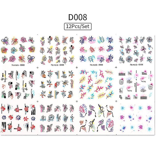 Nail Art Watermark Sticker Set 12 Sheets, A Set Of Butterfly, Fruit Lace, Colorful Flower Nail Stickers