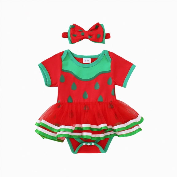 Baby Short Sleeve Tutu Romper with Watermelon Print and Matching Bow Headband