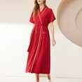 thumbnail image 2 of TFEOQRY Night Robe for Women Solid Color Tie Nightgown with Pocket V-Neck Short Sleeved Sleepwear Pajamas Robe Red, 2 of 3