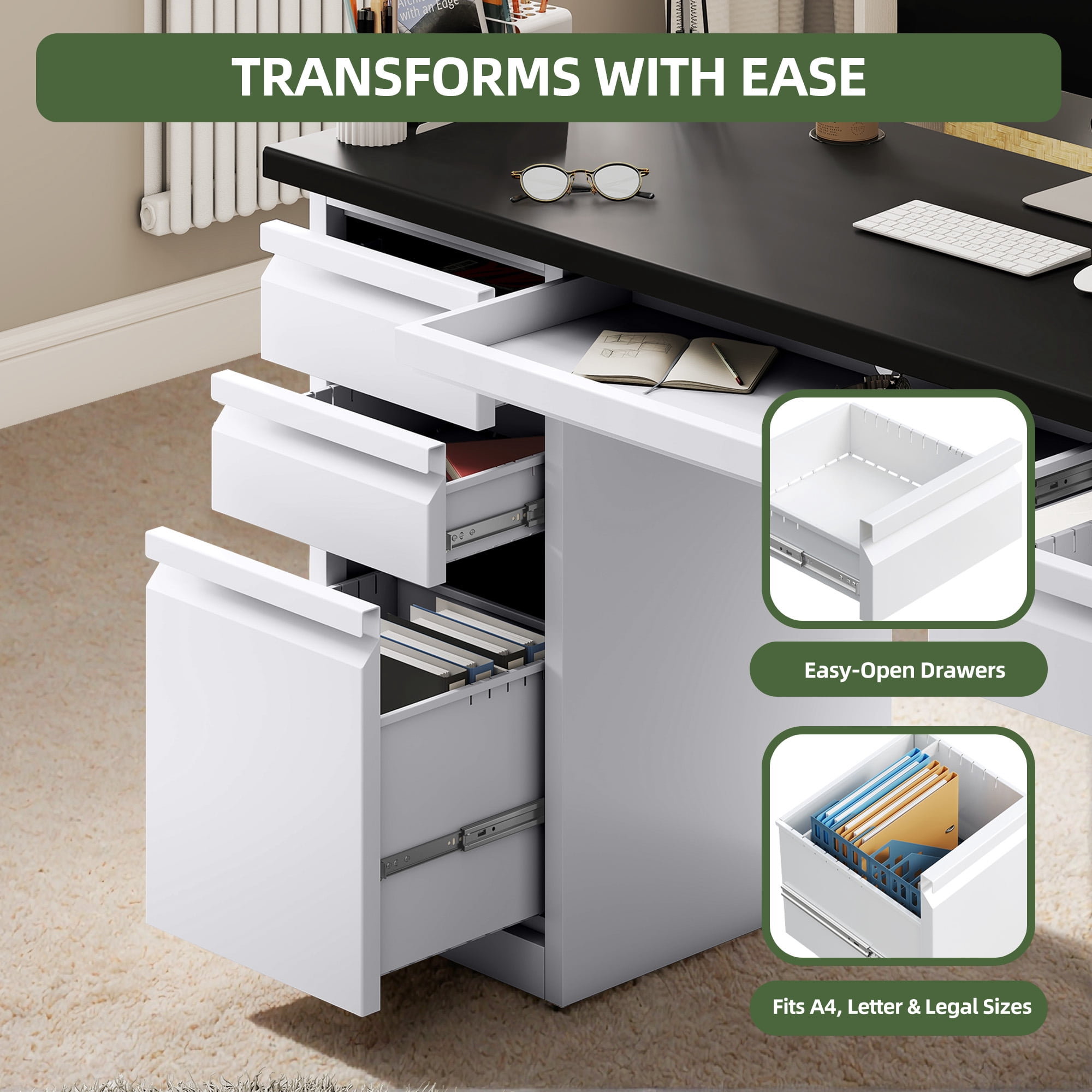 Uforic Metal Computer Desk with Drawers & Keyboard Tray, Office Desk with Power Outlets & File Storage, White