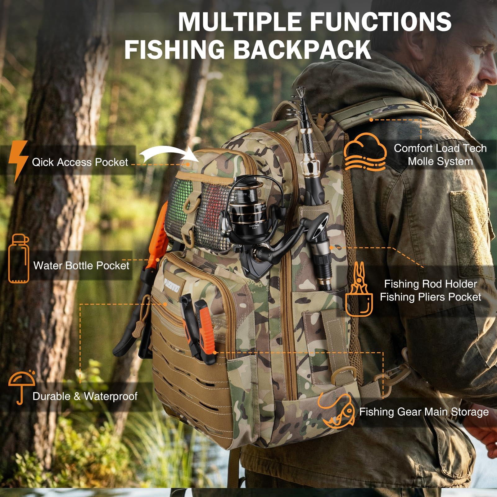 Fishing Gear Backpack With Tackle Box  Waterproof Rod Holders Lures Tools Pliers & Accessories Fish Gifts For Men