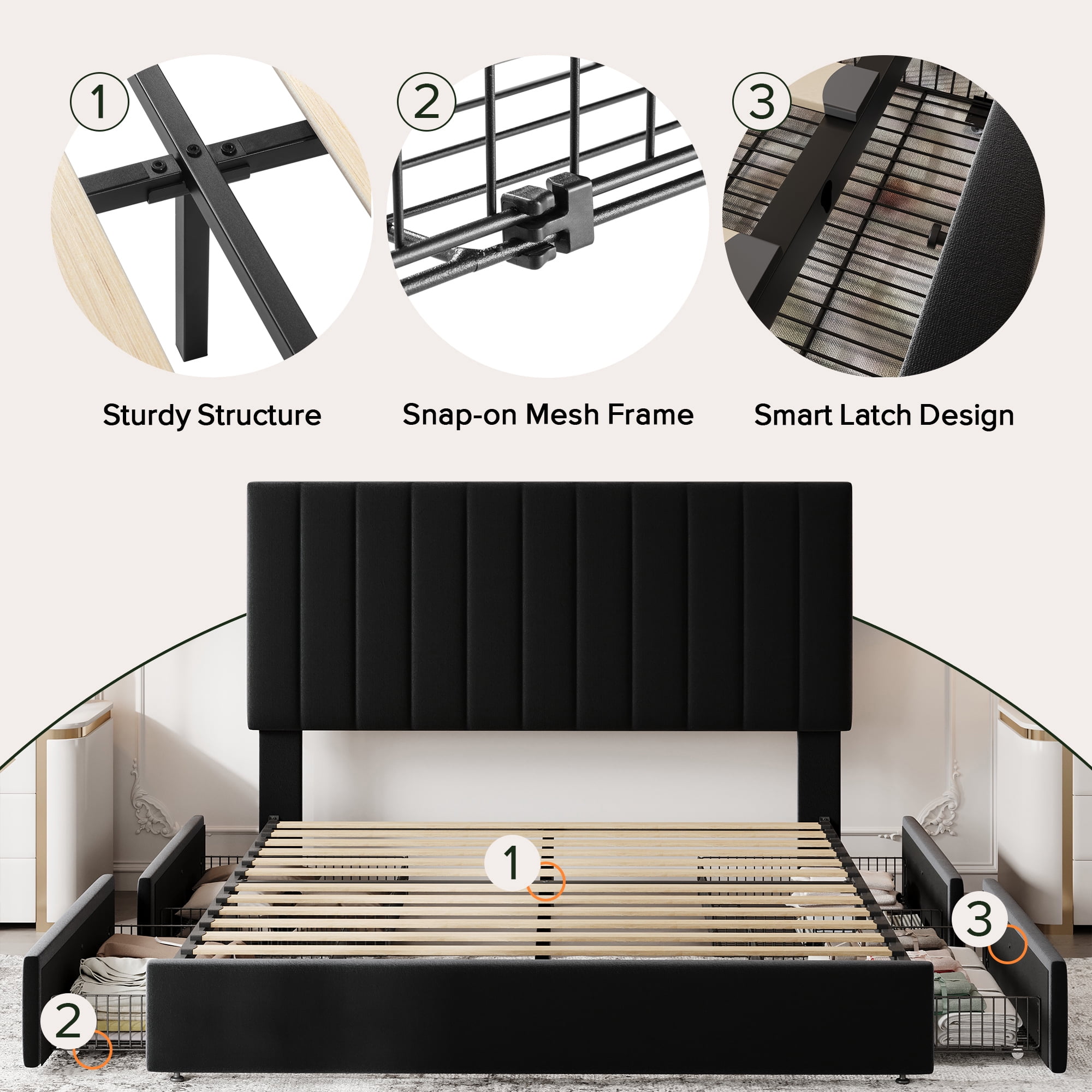 Einfach Full Bed Frame with Adjustable Upholstered Velvet Headboard and 4 Storage Drawers, No Box Spring Required, Black