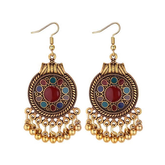 AYYUFE Women Ethnic Tassel Disc Flower Bead Pendant Long Dangle Hook Earring Jewelry Alloy Red