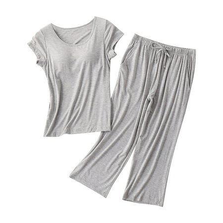 Hamky Pajamas for Women Cotton Pajamas for Women Set Women s No Bra With Chest Cushion Cup Short Sleeve Set Loose Large Home Womens Loungewear Nightgowns for Women Grey L