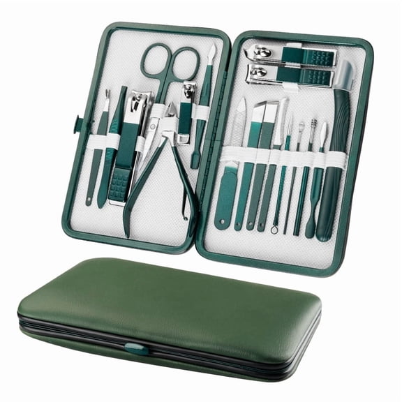 Professional Stainless Steel Nail Clipper Set Green Nail Tools Manicure & Pedicure Set of 18pcs Travel Grooming Kit
