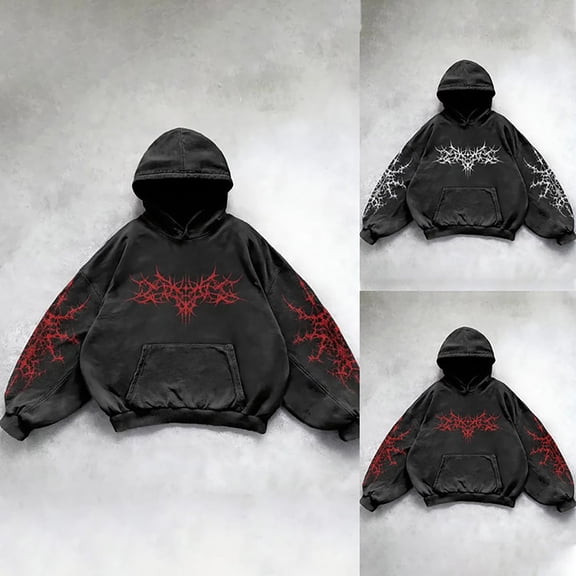 FASHOFT Vintage Streetwear Goth Hoodies for Men Grunge Punk Sweatshirt Gothic Graphic Pullover Hoodie with Pocket Red L