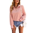 thumbnail image 1 of Sudadera con cuello en V para mujer, cuello alto, manga raglán larga, ajuste a presión, suelta para el trabajo diario y deportes, 1 of 8
