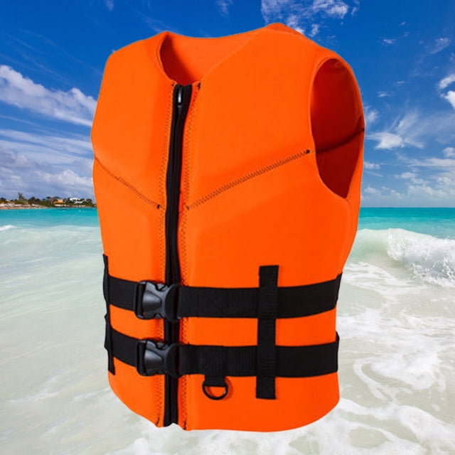 chalecos salvavidas chaleco salvavidas para adultos, chaleco de flotabilidad de neopreno cálido en naranja con cierre frontal y dos hebillas de clip negras — vista frontal centrada mostrando silueta sin mangas; neopreno liso exterior y paneles acolchados de algodón EPE visibles en los costados; cremallera resistente en el pecho, dos correas ajustables y anilla en D inferior; fondo de playa, indicado para natación, rafting y otras actividades acuáticas, y a menudo usado como apoyo extra en entrenamientos acuáticos.