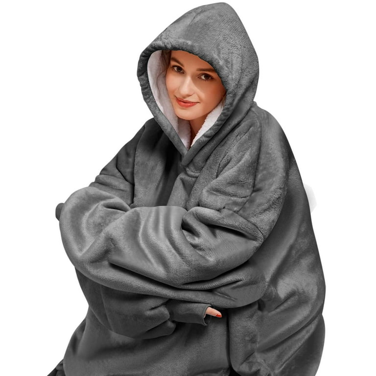 Huggle Hoodie, Fleece & Sherpa Wearable Blanket Hoodie, Gray