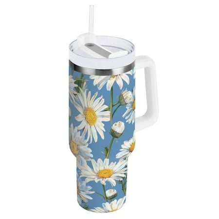 

JSTEL Daisy Flower Print 30 oz Tumbler Stainless Steel Water Bottle Vacuum Insulated Cup with Straw Lid & Handle For Travel Car Cup Holder