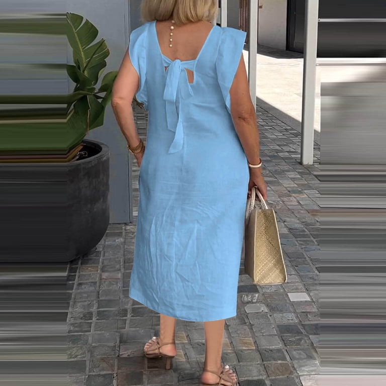 DJskiyers Casual Dresses For Older Women 2024 V Neck Linen Dress Ruffle  Sleeve Comfy Dress Plus Size Long Dress - Walmart.com