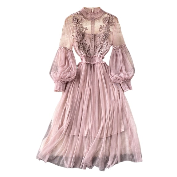 Quixlent 2 Pcs/Set Women Dress Suit Shirring Floral Embroidery See-through Lace Lantern Sleeves Pleated A-line Elastic Waist Midi Dress Slip Dress Suit