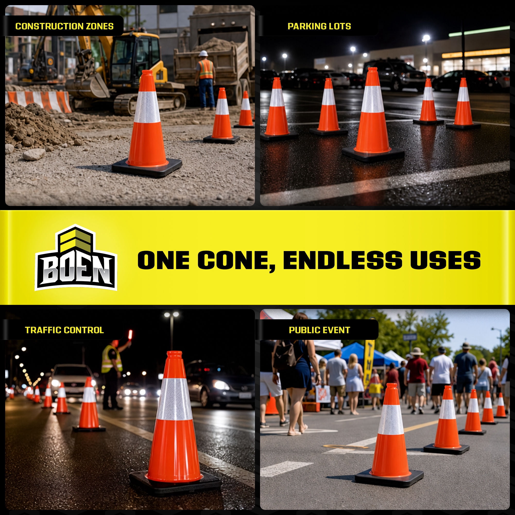 BOEN 18 in Orange Reflective Traffic Cones for Parking Safety, 12 Pack