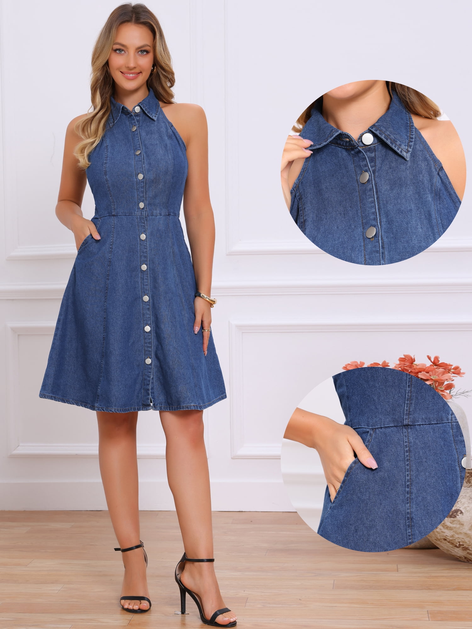 DARING DIVA Women's Halter Denim Jeans Casual Halter Neck Cotton Dress XS Blue