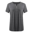 thumbnail image 4 of USNSM Casual Button V Neck Plain Tees Shirt for Women Summer Short Sleeve Solid Workout T-Shirts Tops Loose Fit Comfy Baggy Blouse Dark Gray M, 4 of 4