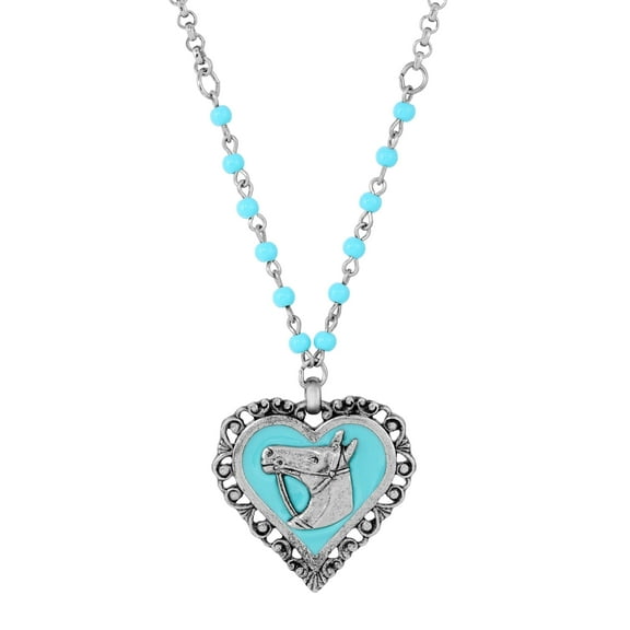 1928 Jewelry Turquoise Beaded Rolo Chain Filigree Heart Horse Pendant Necklace For Women 18"