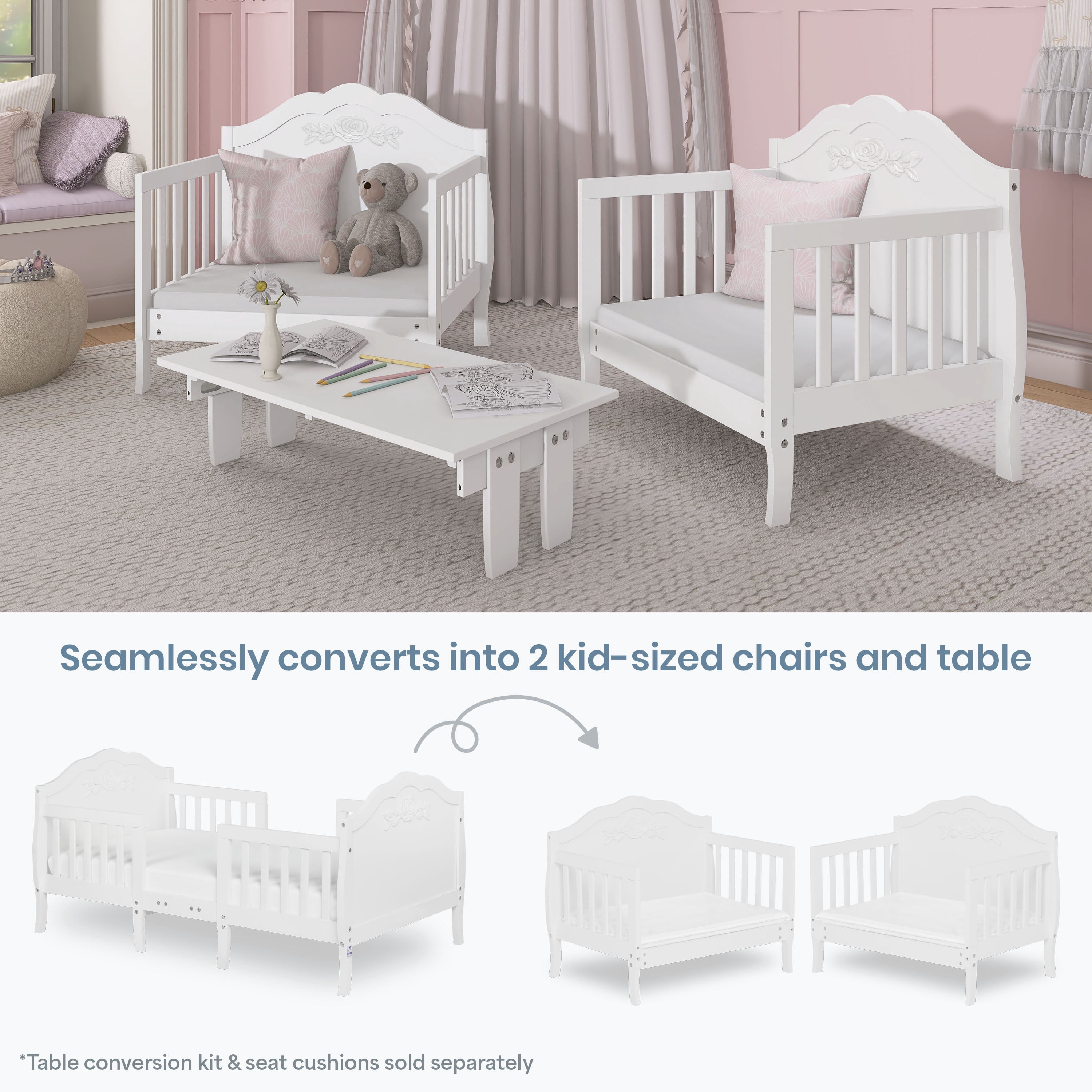 Dream On Me Rose 3-in-1 Convertible Toddler Bed, Greenguard Gold and JPMA Certified, White