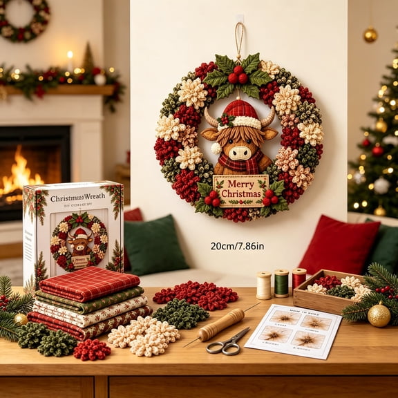 Christmas Wreath DIY Kit, 3D Fabric Poke Art Highland Cow Wreath, Beginner-Friendly No-Sew Punch Needle Craft Set, Handmade Christmas Door & Wall Hanging Decor, Perfect Holiday Gift