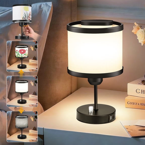 3-in-1 Bedside Lamp with USB Charging Port, Rotatable Nightstand Lamp with 3 Interchangeable Patterns (Floral, Minimalist & Modern), Dimmable Small Table Lamp for Bedroom, Living Room