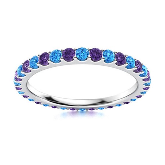925 Sterling Silver Round Aquamarine & Swiss Blue Topaz Full Eternity Women Ring