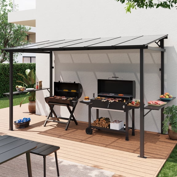 LAUSAINT HOME 12x6 ft Hardtop Grill Gazebo, Outdoor Sloping PC Roof BBQ Patio Metal Gazebo with Shelves and Hooks, Heavy Duty Barbecue Canopy Pergola for Backyard, Garden, Patio, Brown
