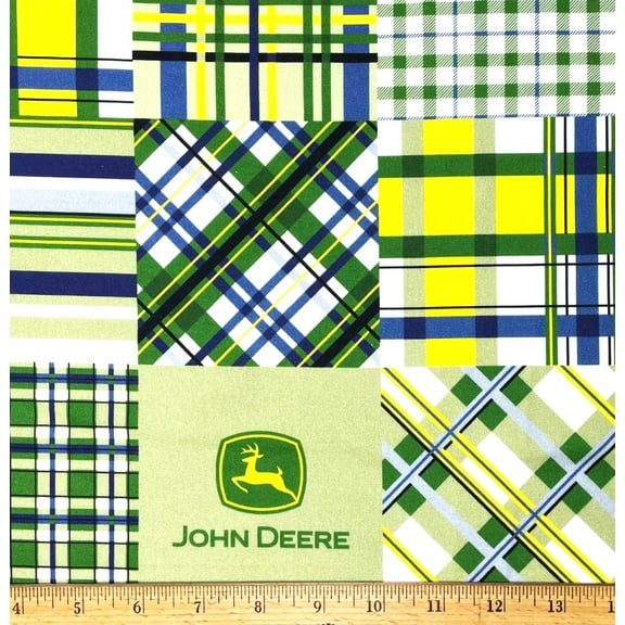 1 Fat Quarter - John Deere Farm Tractor Plaid Block Cotton Fabric - 18" x 21"