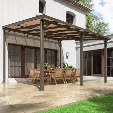 MUCHANT 10x14 FT Gazebo, Wall Mounted Gazebo & Pergola with Aluminum Frame, Awnings for Patio, for Backyard, Deck, Brown