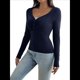 thumbnail image 3 of Camisa de Larga para Mujer, Cuello en V, Botones, Punto Acanalado, Corte Entallado, Informal, Básica, para y Otoño Azul M, 3 of 10