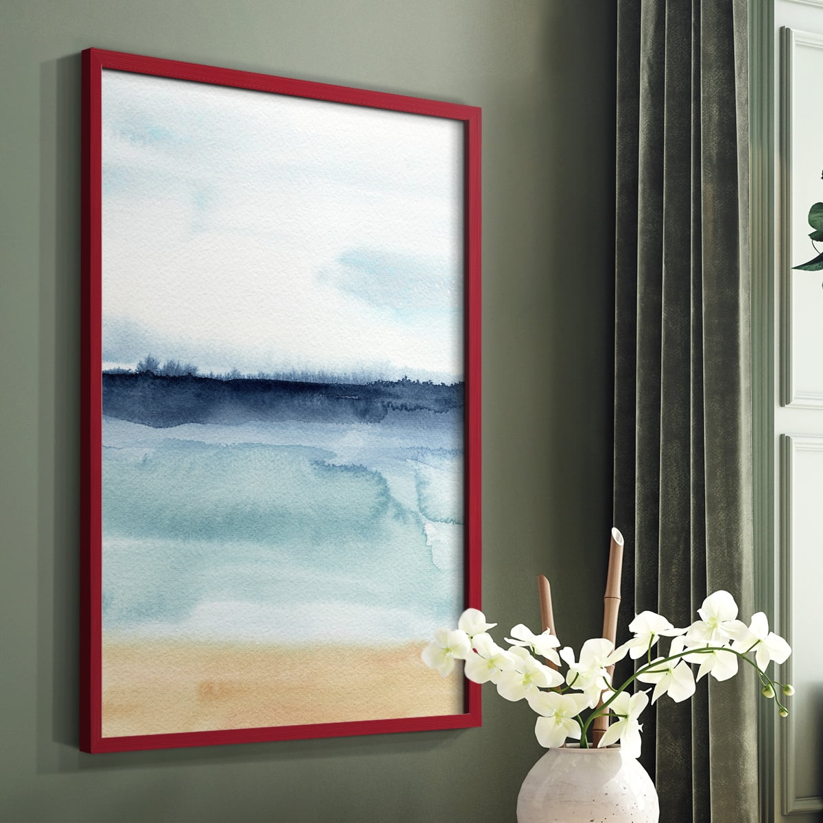 Watercolor Ocean Horizon I Framed Print in Red Solid Wood 11 x 14 Framed Print