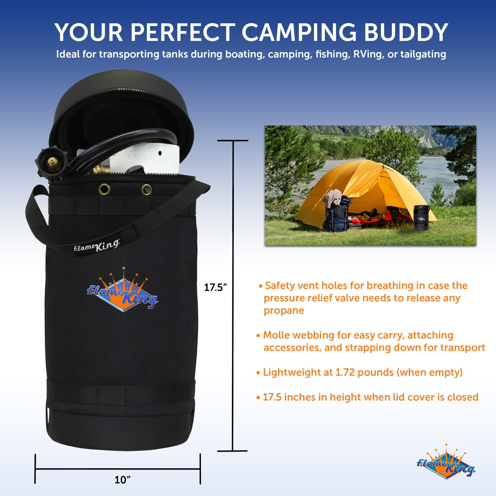 Flame King Gas Hauler Kit - Insulated Protective Carry Case, 10lb Propane Tank and Adapter Hose for Camping and Outdoor Adventures