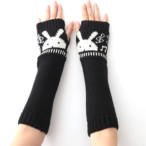 Guantes de invierno sin dedos para mujer, de punto, con abertura para el pulgar y diseño de conejo