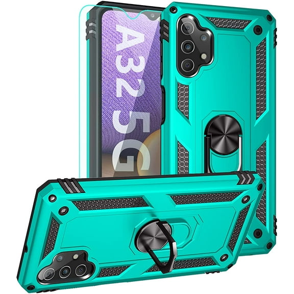 for Samsung Galaxy A32 5G Case,Galaxy A32 5G Case, with HD Screen Protector,[Military Grade] Ring Car Mount Kickstand Hybrid Hard PC Soft TPU Shockproof Protective Case for Samsung A32 5G (Teal)