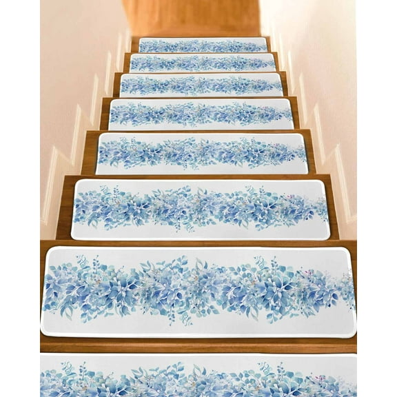 Blue Eucalyptus Leaves Stair Treads for Wooden Steps Indoor Runner Rug Carpet, Spring Summer Botanical Floral 4 Pieces Peel and Stick Staircase Step Treads Covers Washable Throw Door Mats, 30"x8"