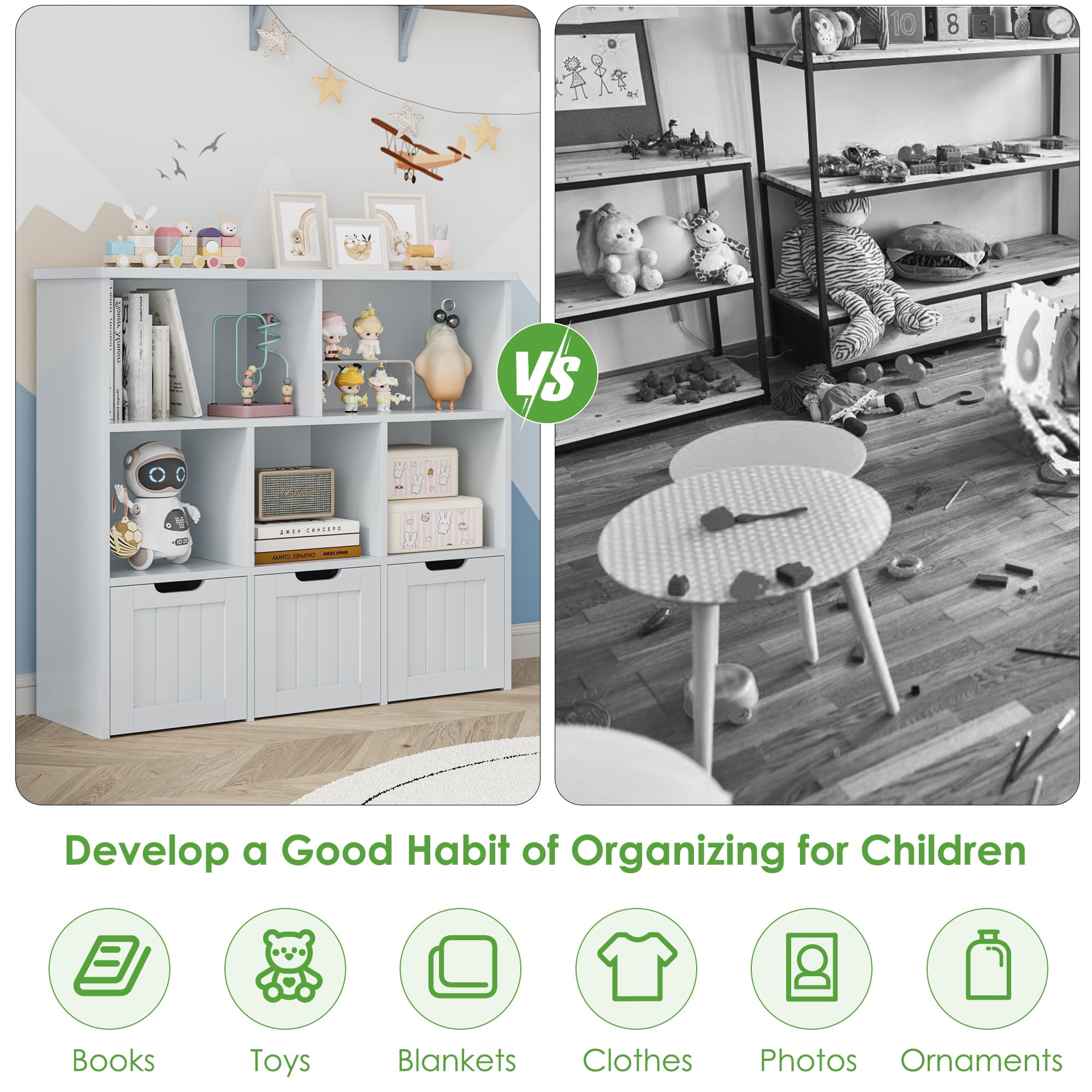 Homfa Toy Storage Organizer with 3 Movable Drawers, 5 Cube Kids Bookcase for Playroom, Storage Cabinet for Living Room, Gray Finish