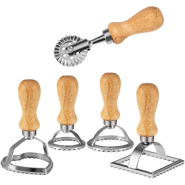 Juego de sellos de ravioli (juego de 5), cortador de ravioles con manillar de madera, pasta, lasaña de albóndigas, pierogi, cortador de masa y prensa Feliz Sencillez