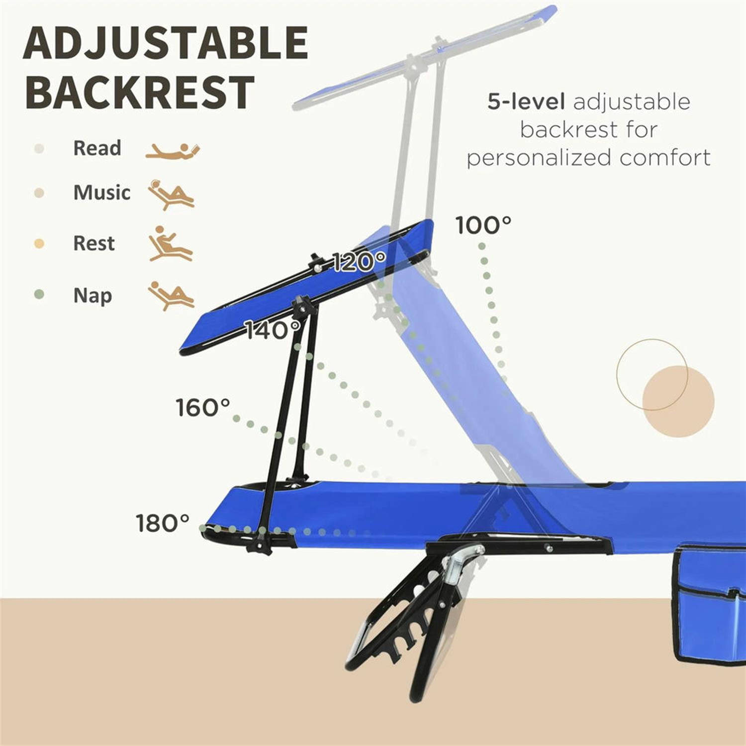 Demi Bonn Folding Pool Chaise Lounge Chairs Set of 2 with Sunshade, Reclining Back, Durable Steel Frame Relaxation, Weatherproof Outdoor Patio Seating, Blue
