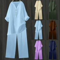 Feancey Linen Sets for Women 2 Piece Summer Outfits Henley V Neck Shirt and Long Pant Matching Set Solid Color Casual Travel Outfit Sky Blue M