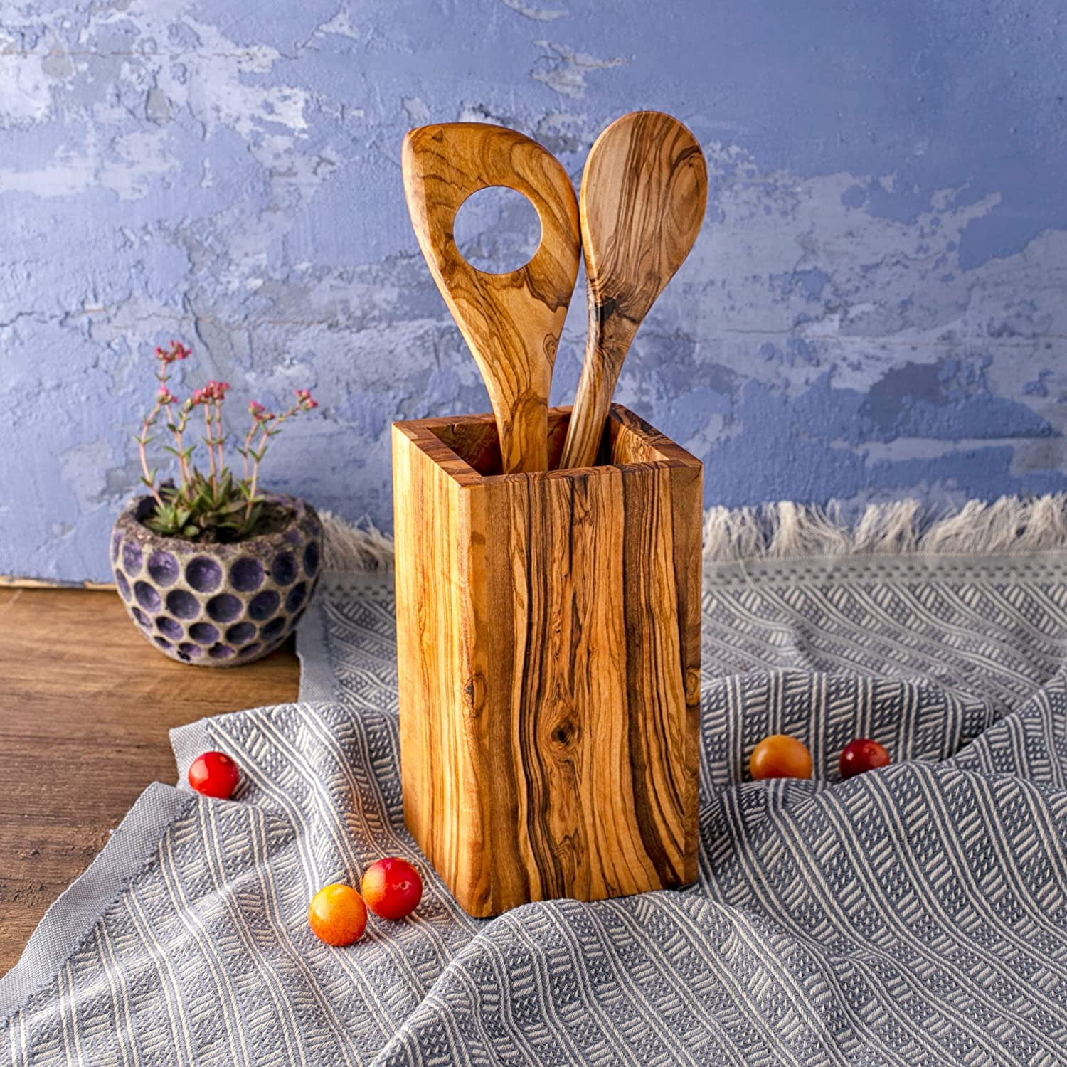 Olive Wood Large Utensil Holder - 6 x 4" Wooden Kitchenware Organizer - Utensil & Spoons Holder for Countertop