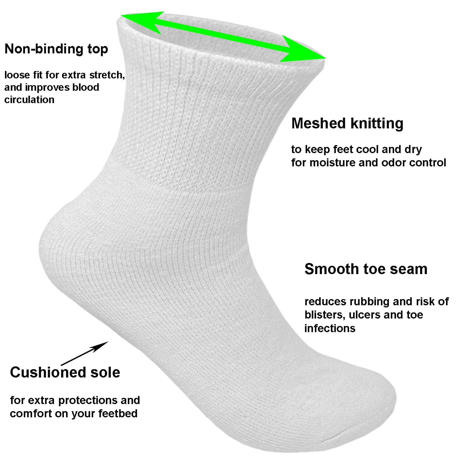 Glory Max 6 Pairs Men's Women's Diabetic Circulatory Ankle Quarter White Cotton Socks Size 13-15