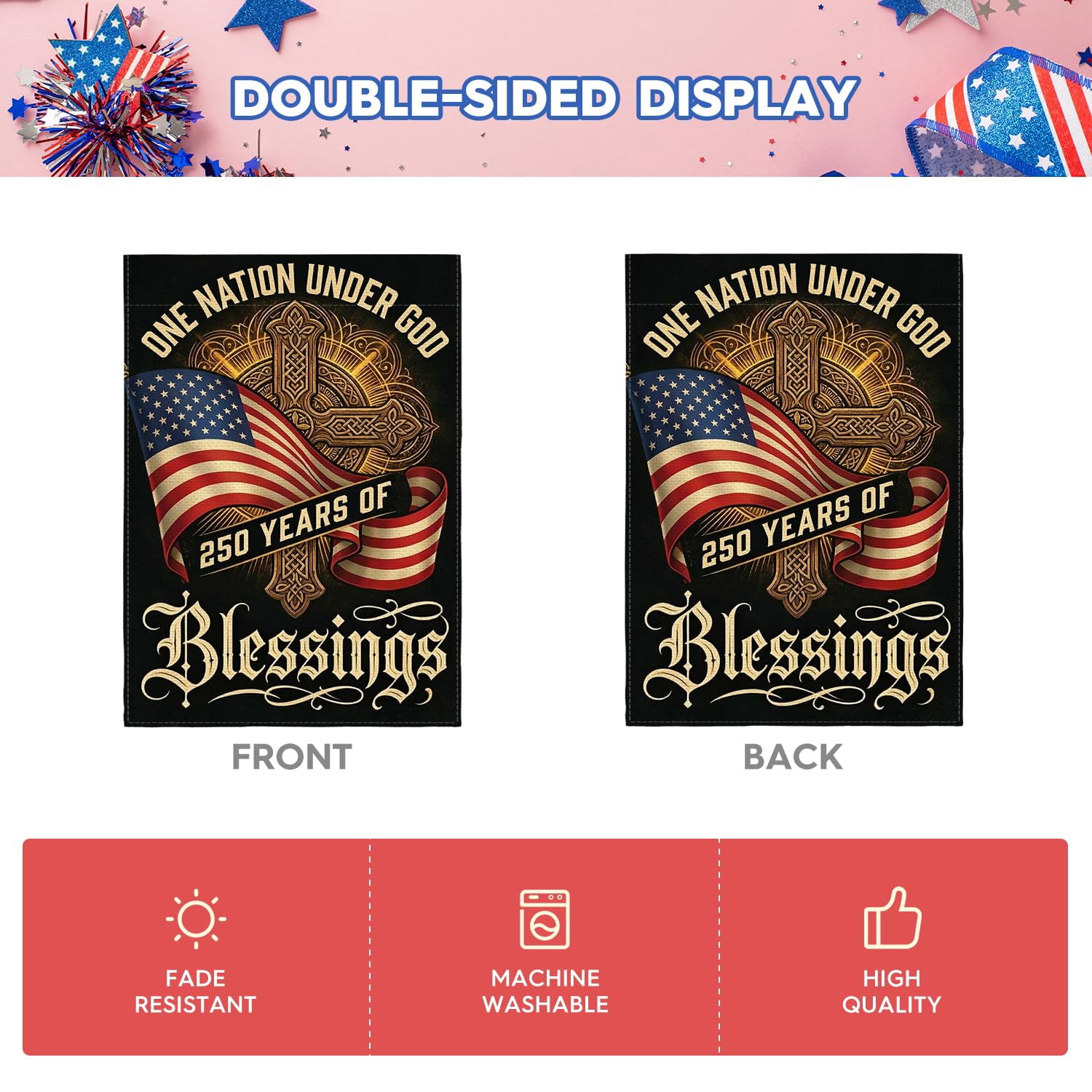 Patriotic 250 Years of Blessings House Flag Double Sided, American 250th Anniversary 1776-2026 USA Yard Outdoor Decoration