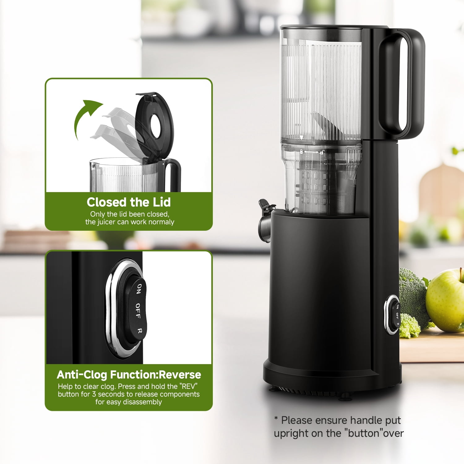 Sunmaki 5.2-Inch Slow Cold Press Auger Extractor Juicer for Whole Fruits and Vegetables, BPA-Free, Easy to Clean, Black